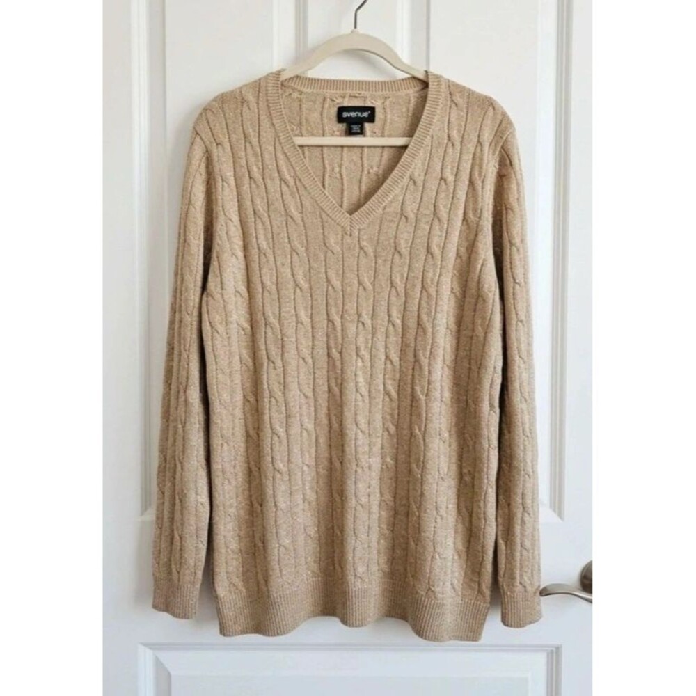 Avenue Metallic Gold V-Neck Cable Knit Sweater Plus Size 14/16 Shimmer
